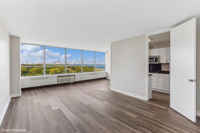 4800 S Chicago Beach Dr Unit 1005N, Chicago, IL 60615 - unfurnished living room with an AC wall unit, baseboards, and dark wood-style floors
