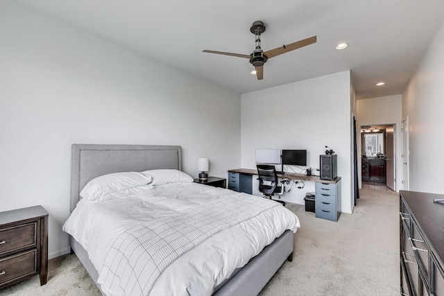 bedroom featuring recessed lighting, ceiling fan, and light carpet