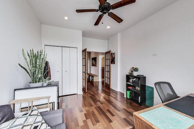 office space with a ceiling fan, recessed lighting, and wood finished floors