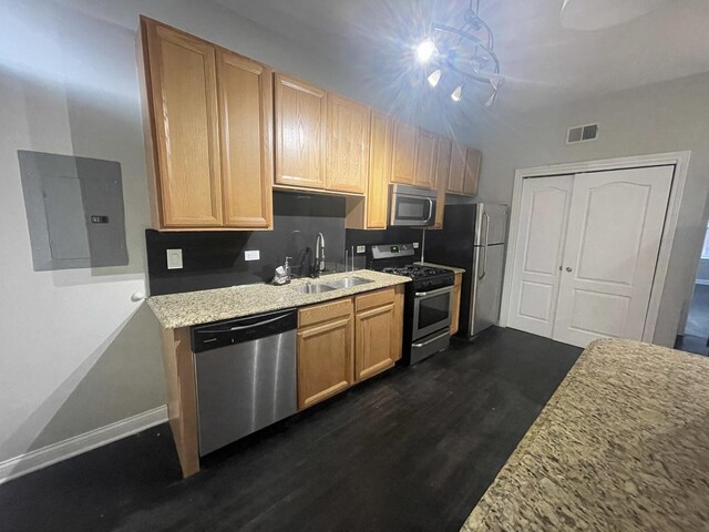 kitchen with appliances with stainless steel finishes, a sink, dark wood finished floors, visible vents, and electric panel