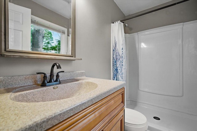 bathroom with vanity, toilet, and a shower stall