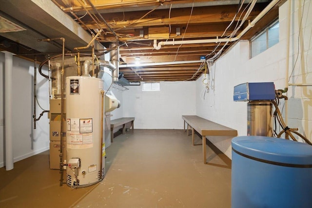 below grade area with gas water heater and concrete block wall