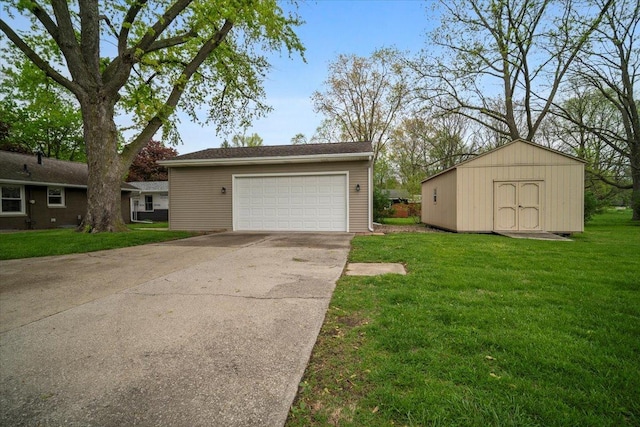 exterior space featuring a storage shed, a detached garage, an outbuilding, and a front lawn