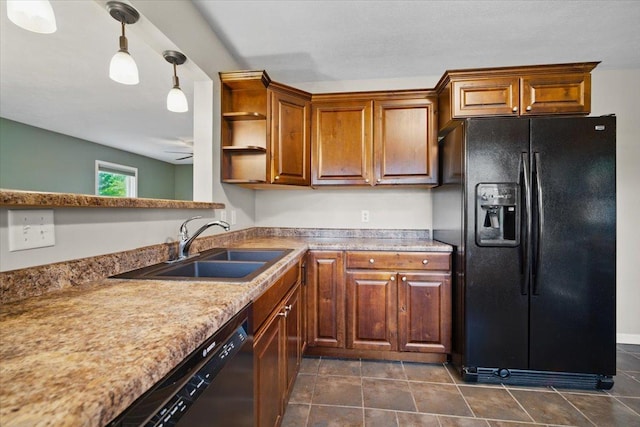 kitchen with brown cabinets, open shelves, a sink, black refrigerator with ice dispenser, and dishwashing machine