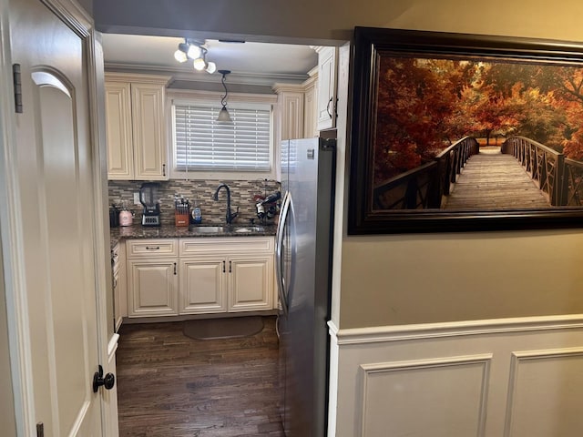 3825 W Pippin St, Chicago, IL 60652 - kitchen featuring tasteful backsplash, a sink, freestanding refrigerator, dark wood-style floors, and dark stone counters