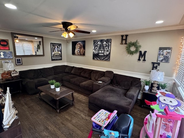 3825 W Pippin St, Chicago, IL 60652 - living area with ceiling fan, wainscoting, recessed lighting, wood finished floors, and ornamental molding