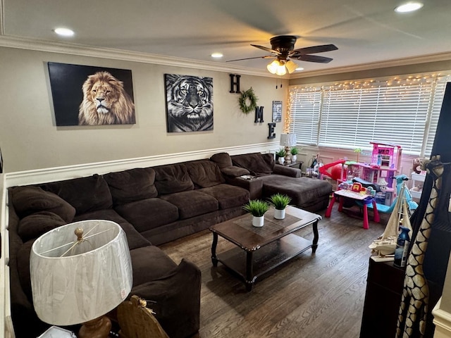 3825 W Pippin St, Chicago, IL 60652 - living area featuring crown molding, a ceiling fan, recessed lighting, and wood finished floors