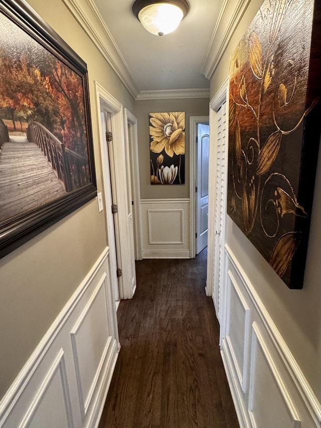 3825 W Pippin St, Chicago, IL 60652 - hall with a decorative wall, ornamental molding, a wainscoted wall, and dark wood-type flooring