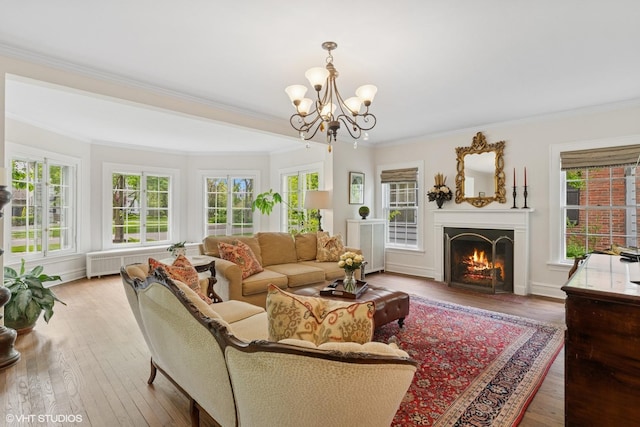 283 Ridge Ave, Winnetka, IL 60093 - living room featuring a chandelier, hardwood / wood-style floors, ornamental molding, a warm lit fireplace, and radiator heating unit