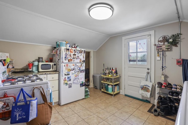 111 E Palatine Rd, Palatine, IL 60067 - kitchen with white appliances, white cabinetry, light tile patterned floors, lofted ceiling, and ornamental molding