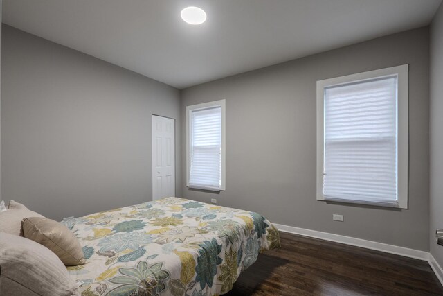 bedroom featuring baseboards, dark wood-style floors, and a closet