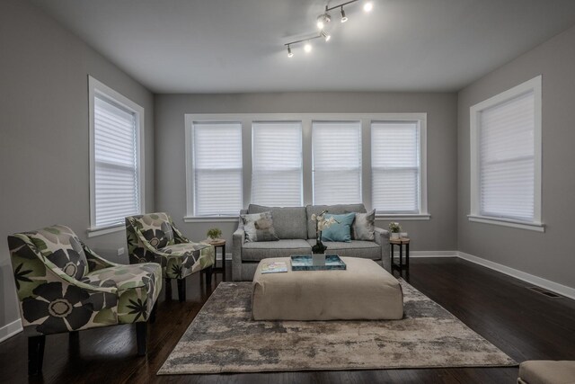 living area featuring baseboards, dark wood finished floors, and a wealth of natural light