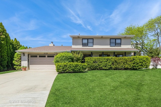 2339 N James Ct, Arlington Heights, IL 60004 - view of front of property with an attached garage, concrete driveway, a front lawn, brick siding, and a chimney