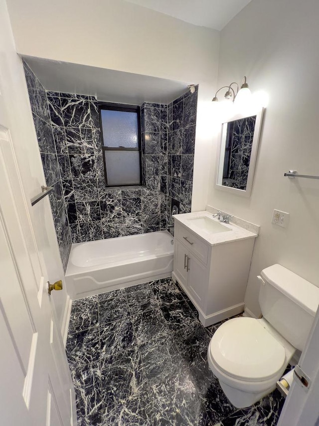 bathroom with shower / bath combination, vanity, toilet, and marble finish floor
