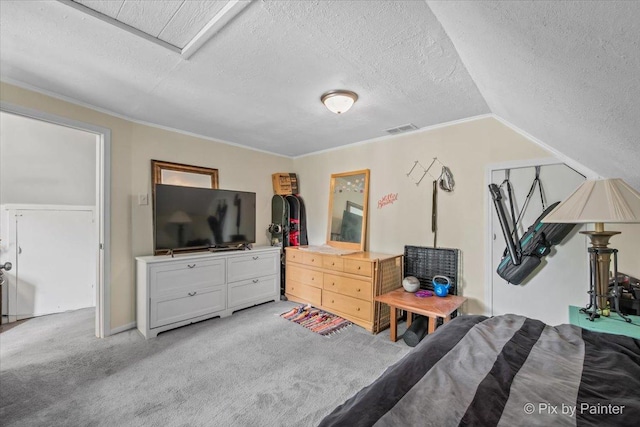 2381 Elm Rd, West Chicago, IL 60185 - bedroom featuring a textured ceiling, light carpet, and lofted ceiling