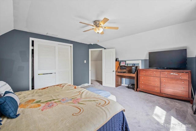 2381 Elm Rd, West Chicago, IL 60185 - bedroom featuring carpet flooring, a closet, lofted ceiling, and ceiling fan