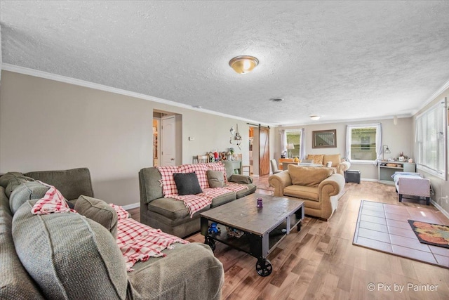 2381 Elm Rd, West Chicago, IL 60185 - living room featuring light wood finished floors, crown molding, baseboards, and a textured ceiling