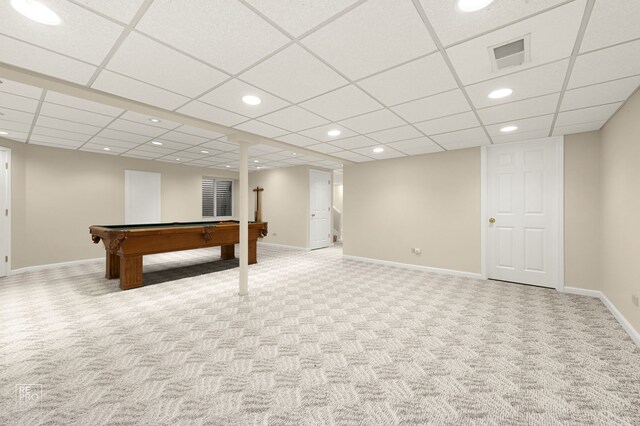 game room featuring baseboards, carpet flooring, and visible vents