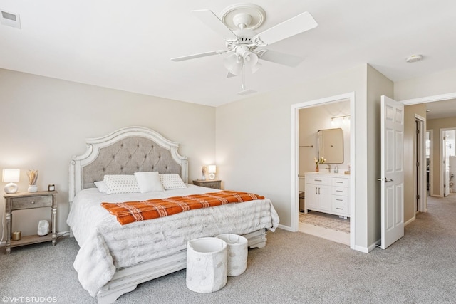 1499 Shagbark Dr, Bolingbrook, IL 60490 - bedroom with visible vents, ceiling fan, light carpet, connected bathroom, and baseboards