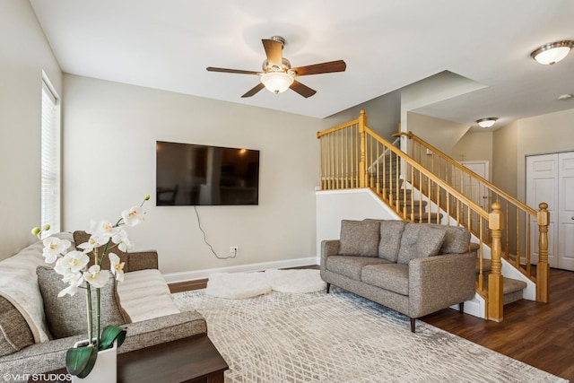 1499 Shagbark Dr, Bolingbrook, IL 60490 - living room with stairway, ceiling fan, baseboards, and wood finished floors