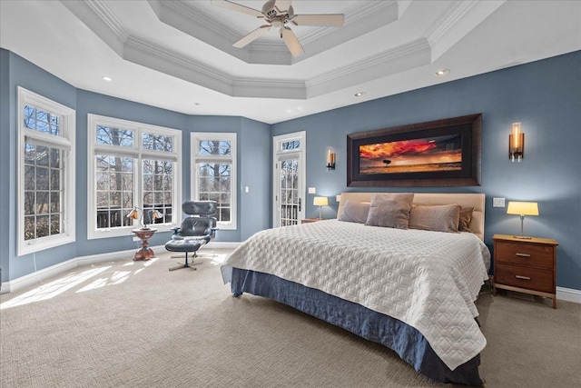 carpeted bedroom with baseboards, ornamental molding, and recessed lighting
