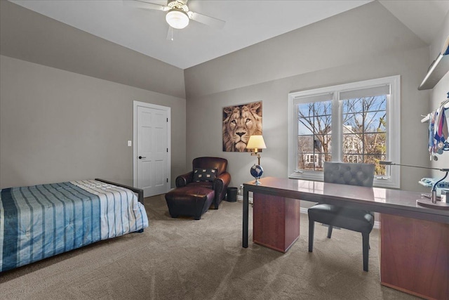 bedroom featuring carpet floors, ceiling fan, and vaulted ceiling
