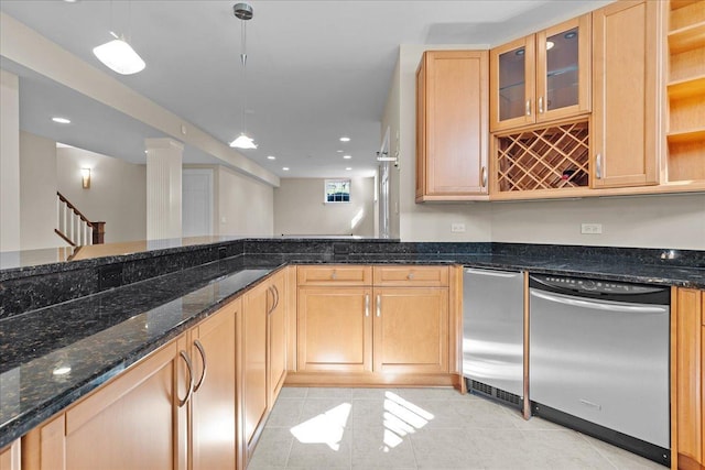 kitchen featuring dishwasher, light tile patterned floors, glass insert cabinets, dark stone counters, and recessed lighting