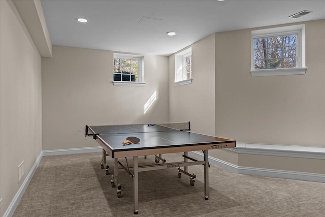 rec room with baseboards, carpet flooring, recessed lighting, and visible vents
