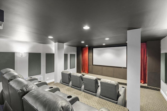 home theater room with baseboards, carpet flooring, and recessed lighting