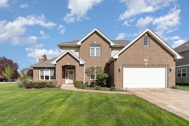 traditional home featuring a garage, a front yard, driveway, and brick siding