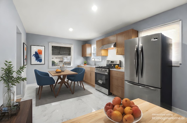 1303 Balmoral Ave, Calumet City, IL 60409 - kitchen with appliances with stainless steel finishes, a sink, ventilation hood, light countertops, and marble finish floor