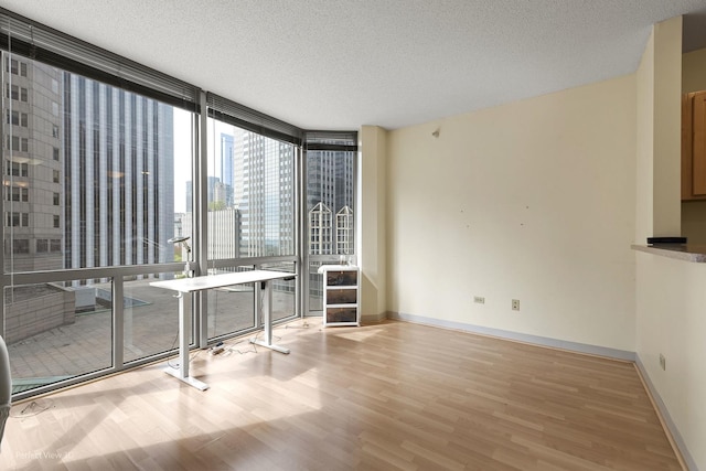 unfurnished dining area featuring baseboards, a textured ceiling, a wall of windows, and light wood-style flooring