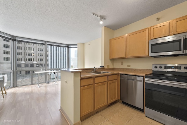 kitchen with a peninsula, a textured ceiling, rail lighting, a sink, and appliances with stainless steel finishes