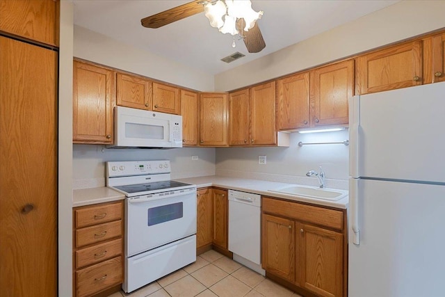 kitchen featuring a sink, white appliances, visible vents, light countertops, and a ceiling fan
