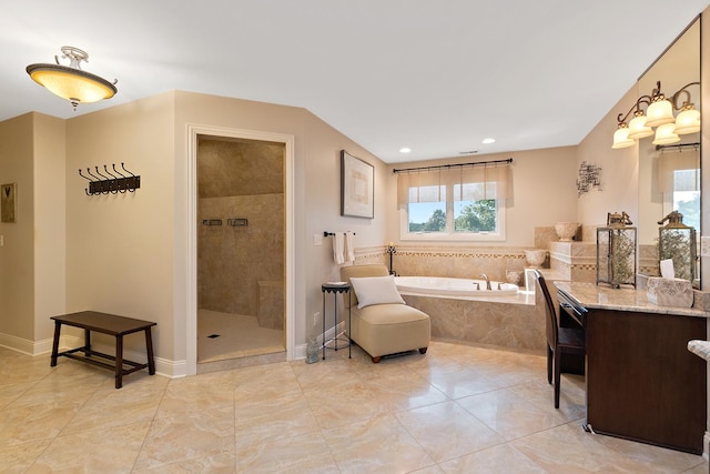 full bathroom featuring vanity, baseboards, tiled shower, recessed lighting, and a bath