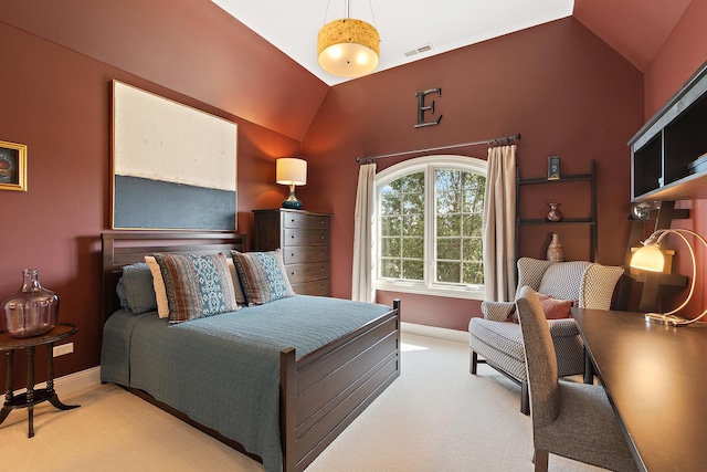 carpeted bedroom featuring visible vents, baseboards, and lofted ceiling