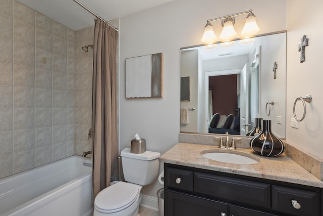 ensuite bathroom with visible vents, vanity, shower / bath combination with curtain, toilet, and connected bathroom