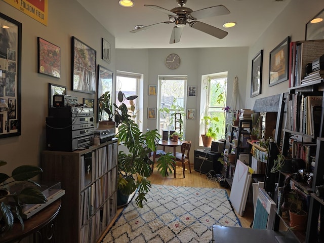 interior space featuring ceiling fan, recessed lighting, light wood-style flooring, and a wealth of natural light