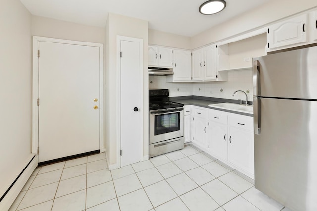 kitchen featuring a sink, stainless steel appliances, white cabinetry, under cabinet range hood, and a baseboard heating unit