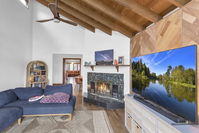 6029 Osage Ave, Downers Grove, IL 60516 - living room with wooden ceiling with exposed beams, ceiling fan, high vaulted ceiling, a premium fireplace, and wood finished floors