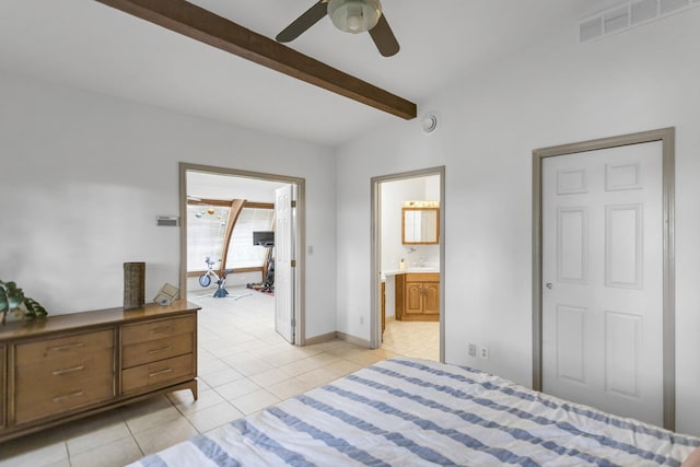 6029 Osage Ave, Downers Grove, IL 60516 - bedroom featuring light tile patterned floors, beamed ceiling, connected bathroom, a sink, and baseboards