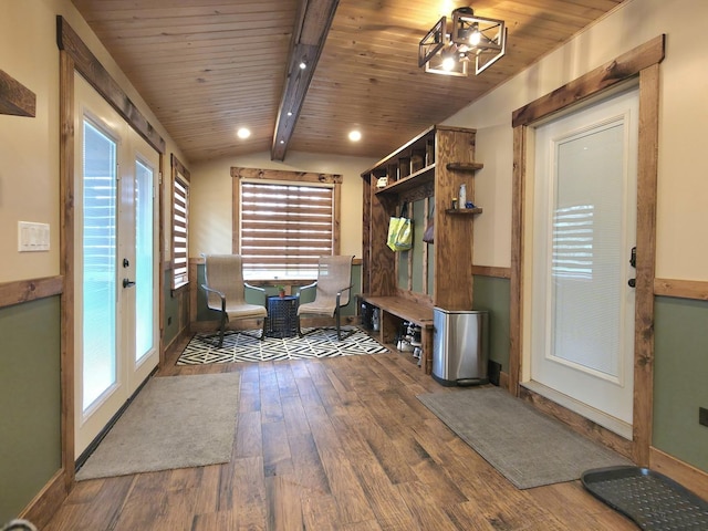 10847 Carpenter St, Mokena, IL 60448 - mudroom featuring wood ceiling, lofted ceiling with beams, and wood finished floors