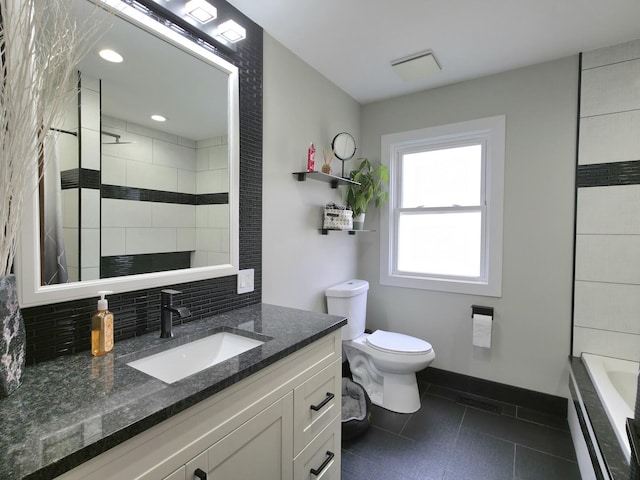 10847 Carpenter St, Mokena, IL 60448 - bathroom featuring a tile shower, tile patterned flooring, vanity, toilet, and backsplash