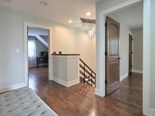 10847 Carpenter St, Mokena, IL 60448 - hall with recessed lighting, baseboards, an upstairs landing, and dark wood finished floors