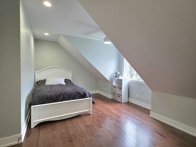 10847 Carpenter St, Mokena, IL 60448 - bedroom featuring a ceiling fan, wood finished floors, baseboards, lofted ceiling, and recessed lighting