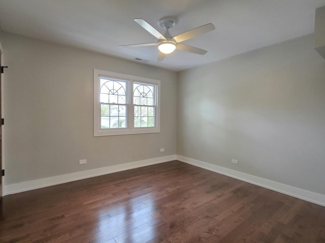 10847 Carpenter St, Mokena, IL 60448 - empty room featuring visible vents, a ceiling fan, baseboards, and dark wood-style floors