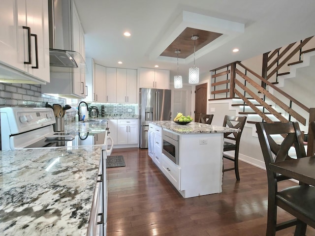 10847 Carpenter St, Mokena, IL 60448 - kitchen featuring light stone countertops, wall chimney range hood, a raised ceiling, appliances with stainless steel finishes, and backsplash