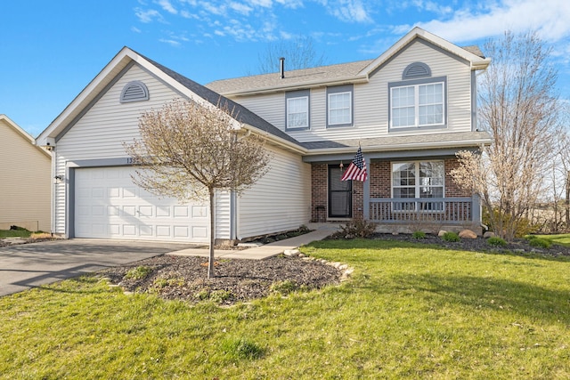 1352 Dahlgren Ln, Minooka, IL 60447 - traditional home featuring a garage, a front yard, brick siding, a porch, and driveway