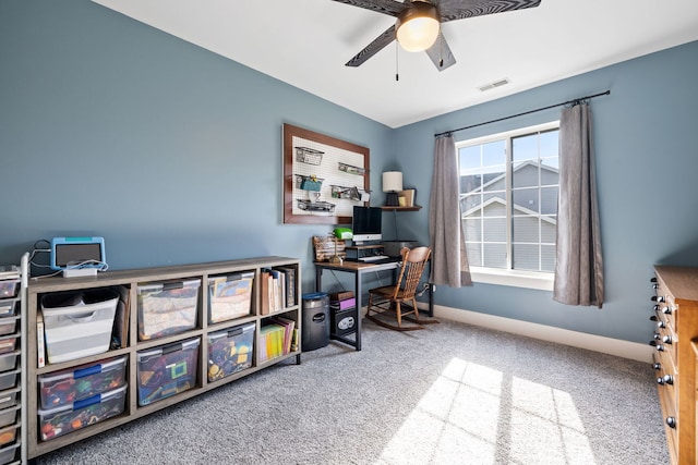 1352 Dahlgren Ln, Minooka, IL 60447 - home office featuring baseboards, ceiling fan, carpet flooring, and visible vents