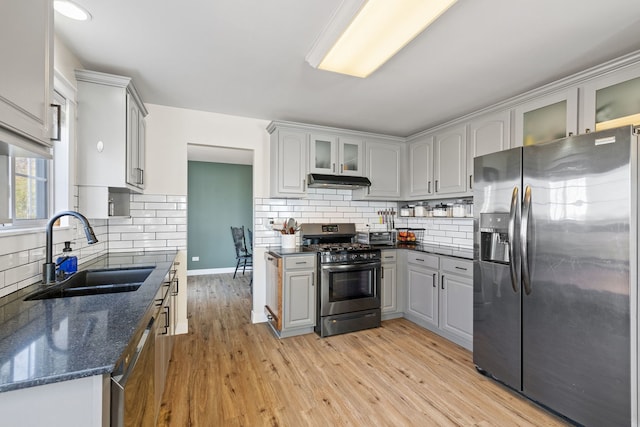 1352 Dahlgren Ln, Minooka, IL 60447 - kitchen featuring a sink, backsplash, stainless steel appliances, and under cabinet range hood